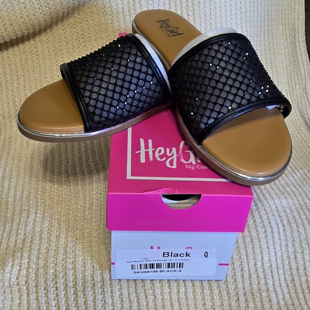 Hey Girl By Corkys Black Just Meshin With Ya Slide Sandals with Tan Footbed